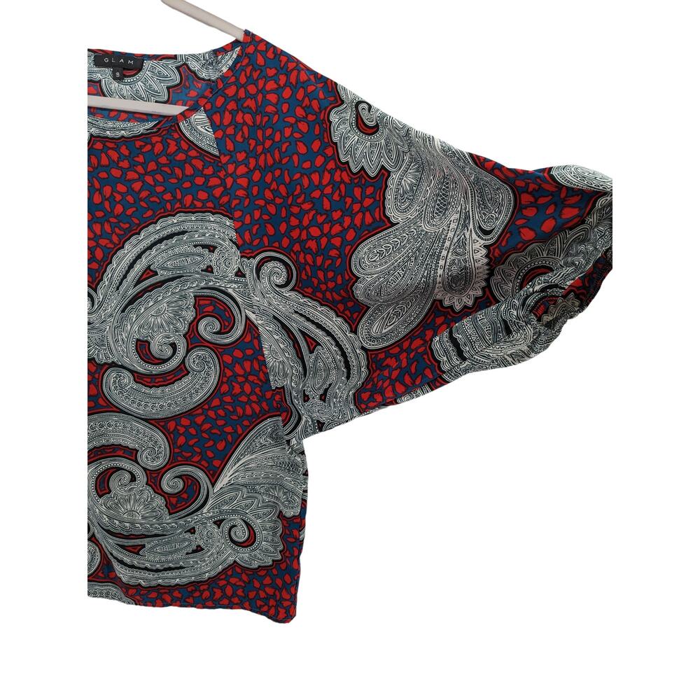 Glam Printed Blouse Small Red Blue Paisley Short Puff Sleeve Colorful Office Top - Picture 3 of 9